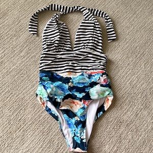 Cupshe Plunge Halter Navy Stripes with Navy Floral Print.